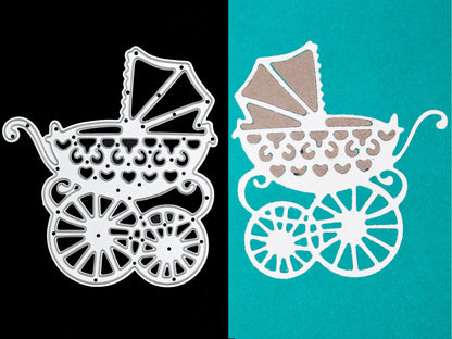 Baby pram metal cutting die alongside finished die cut example