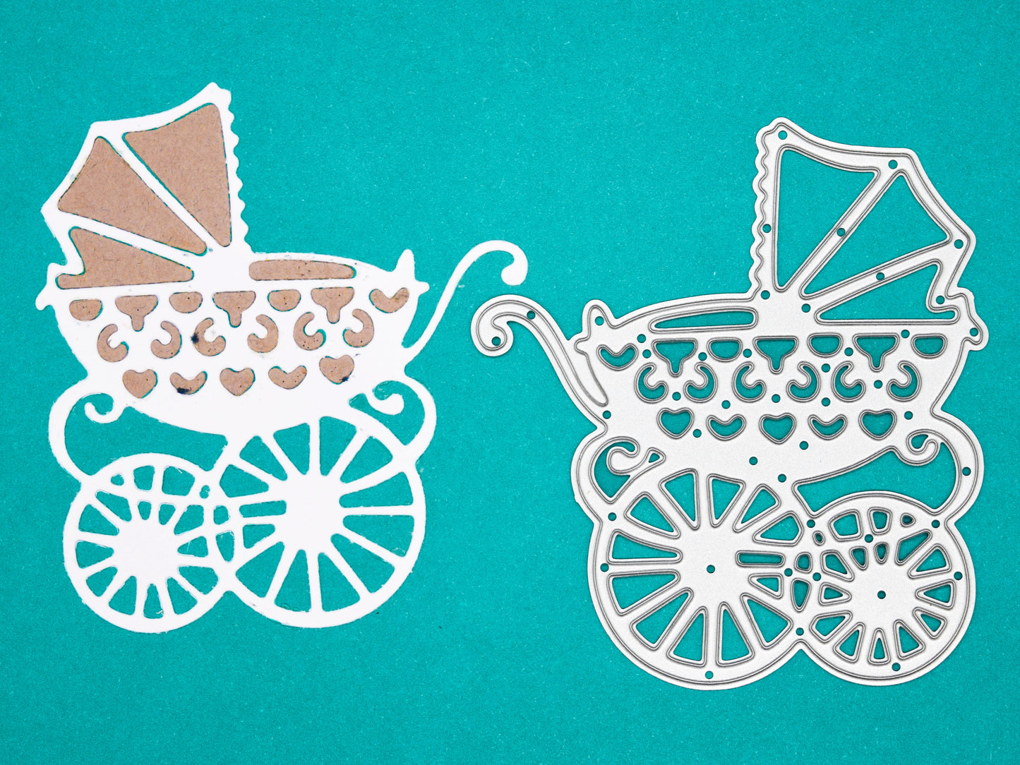Baby carriage metal cutting die with matching die cut example for card making
