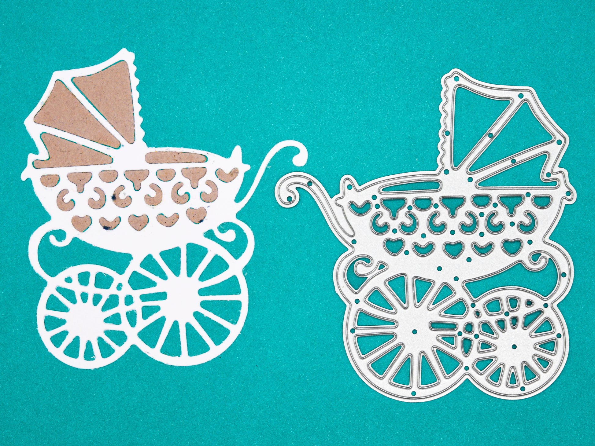 Baby carriage metal cutting die with matching die cut example for card making
