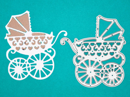 Baby carriage metal cutting die with matching die cut example for card making