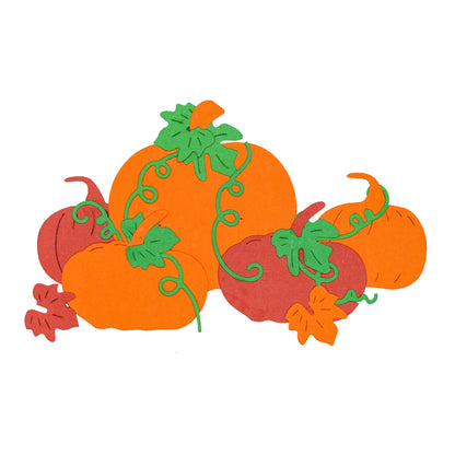 Finished layered pumpkin, leaf and curling vine die cuts in orange, green and autumn colours for seasonal card making.