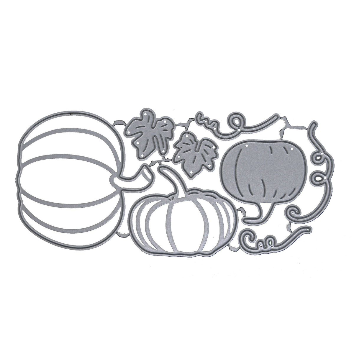 Connected metal cutting die set featuring pumpkins, leaves, stems and decorative curling vines for autumn card making.