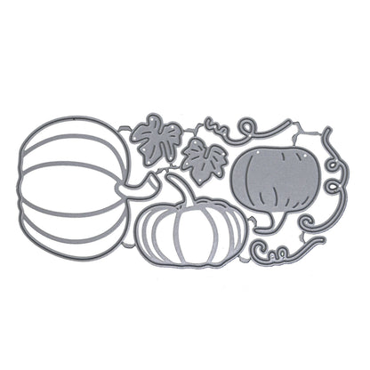 Connected metal cutting die set featuring pumpkins, leaves, stems and decorative curling vines for autumn card making.