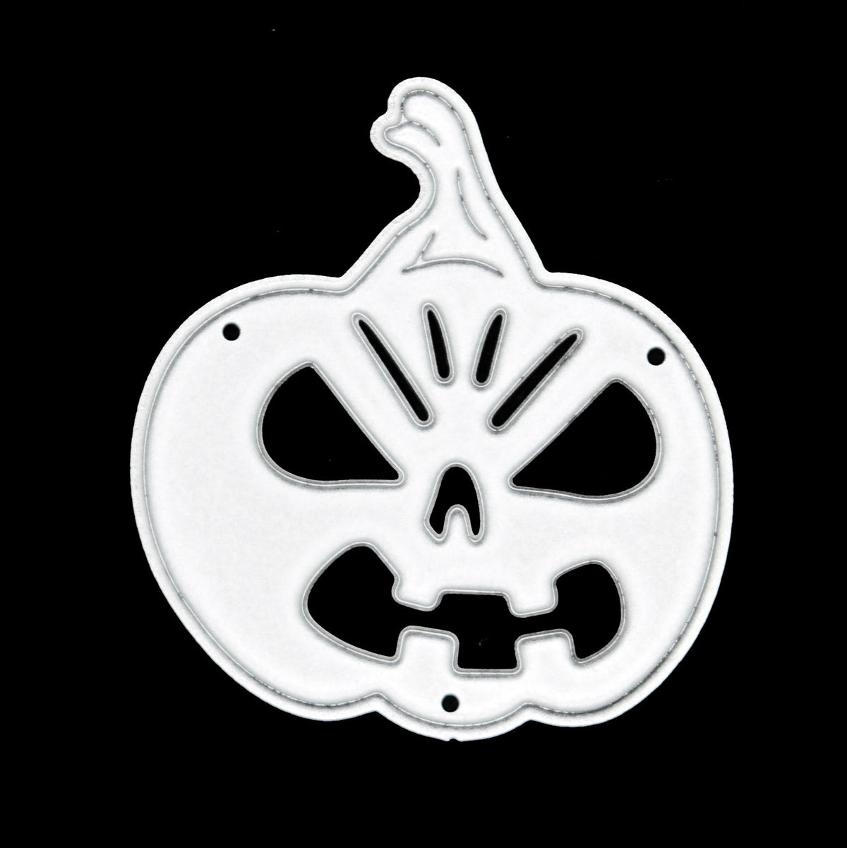 Jack o’ lantern pumpkin metal cutting die displayed on a black background, showing the cut-out facial details clearly.