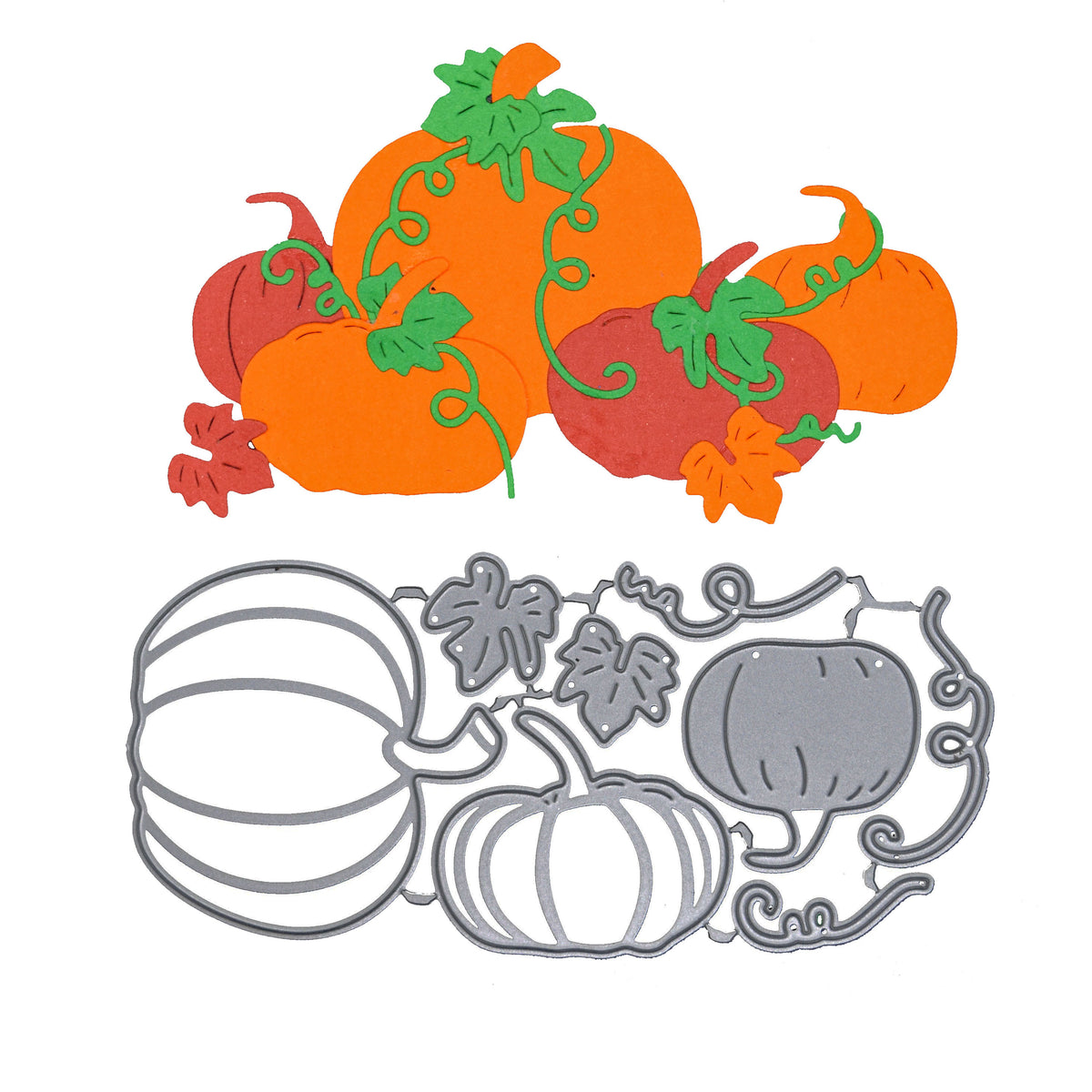 Pumpkin, leaves and vines metal cutting die set shown with a finished layered autumn pumpkin arrangement.