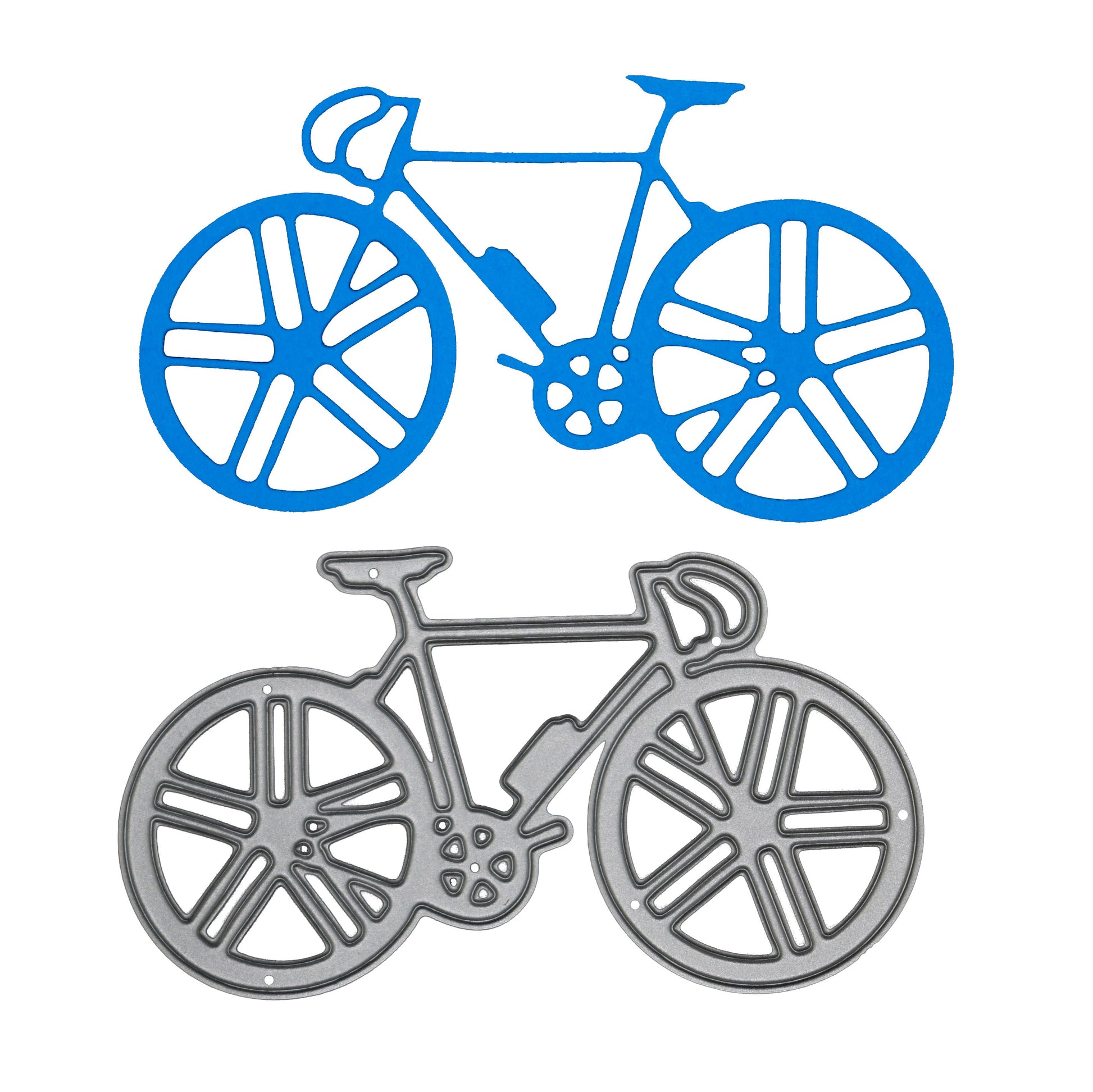 Blue racing bicycle cut shown above the matching metal cutting die on a white background for cycling-themed card making and papercraft.