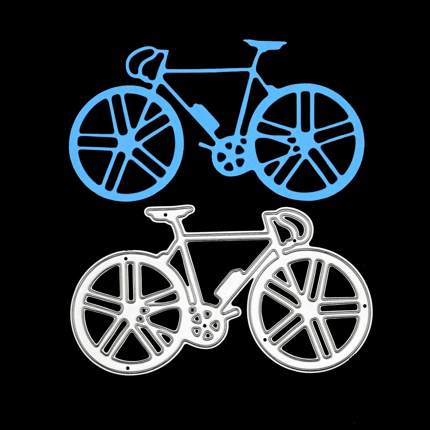 Blue racing bicycle cut displayed above the matching metal cutting die on a black background for card making and cycling crafts.