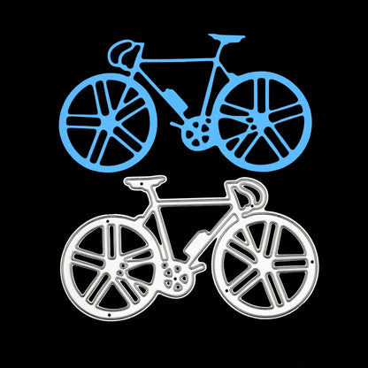 Blue racing bicycle cut displayed above the matching metal cutting die on a black background for card making and cycling crafts.