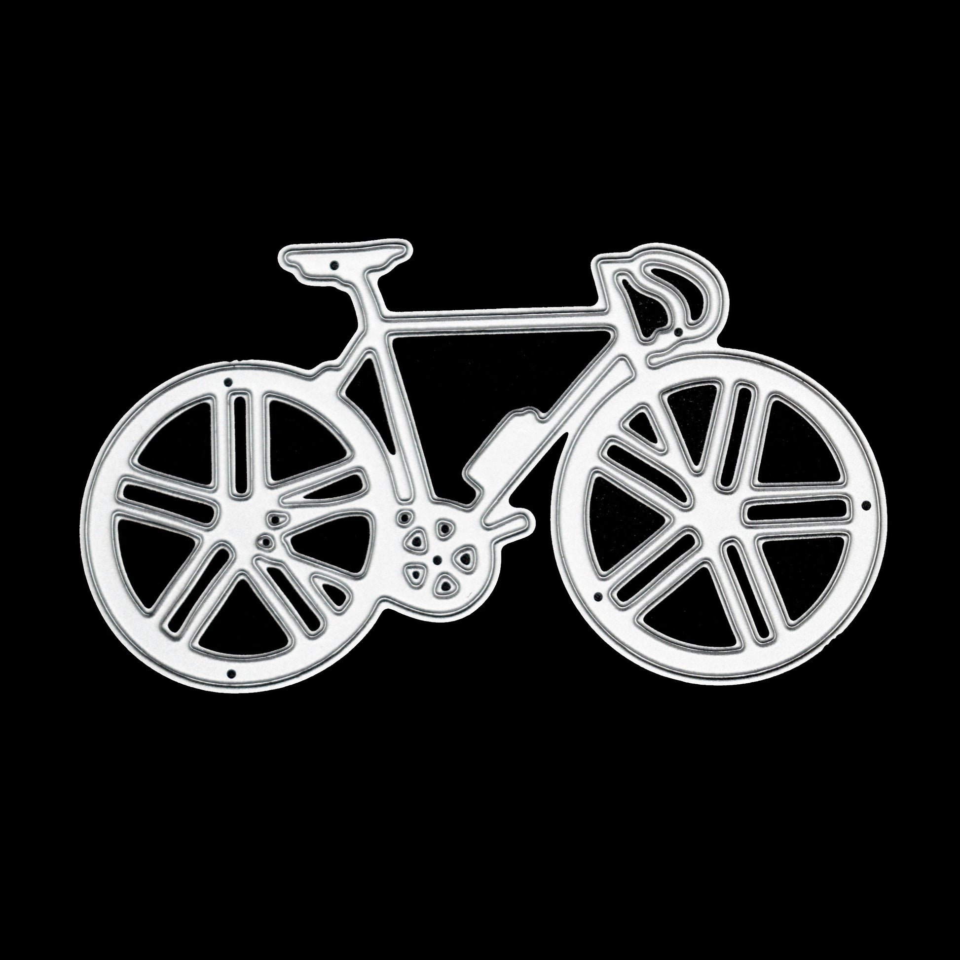 Racing bicycle metal cutting die displayed on a black background to clearly show the detailed wheels, frame and helmet design.