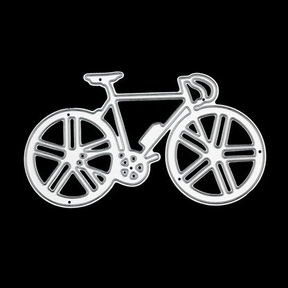 Racing bicycle metal cutting die displayed on a black background to clearly show the detailed wheels, frame and helmet design.