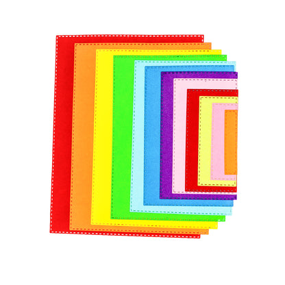 Graduated colourful rectangle papercraft cuts showing the double stitched borders created by the twelve-piece metal cutting die set