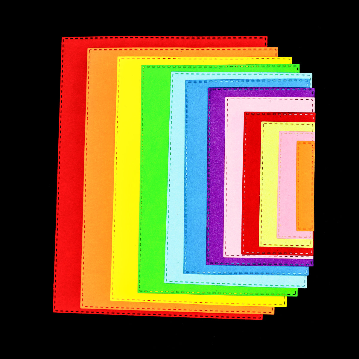 Twelve colourful graduated rectangle die cuts with double stitched borders displayed on a black background