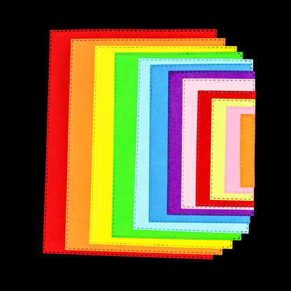 Twelve colourful graduated rectangle die cuts with double stitched borders displayed on a black background