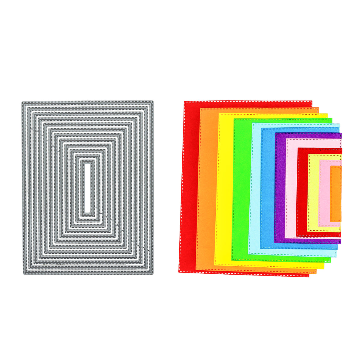 Large rectangle double stitched nesting metal cutting dies shown beside twelve colourful stitched rectangle cuts on a white background