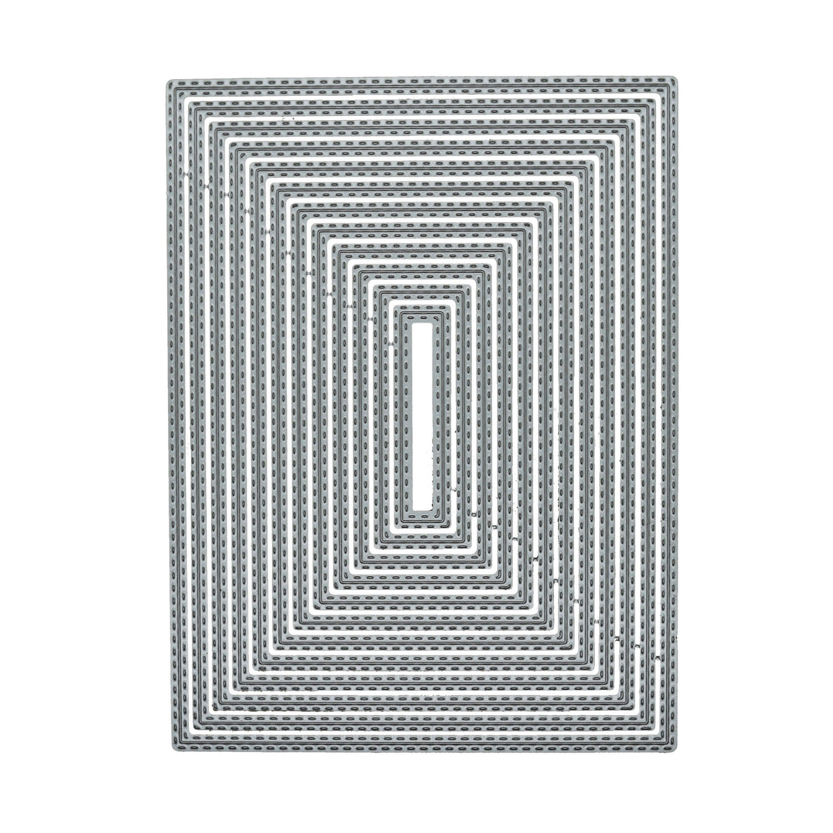 Set of twelve graduated rectangle double stitched metal cutting dies displayed on a white background