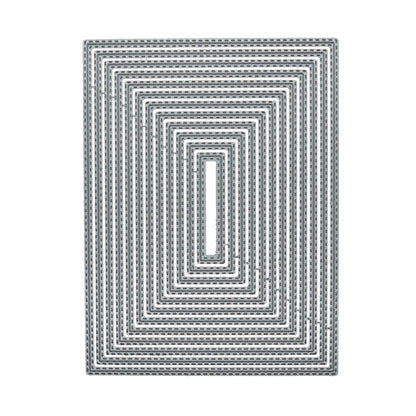 Set of twelve graduated rectangle double stitched metal cutting dies displayed on a white background