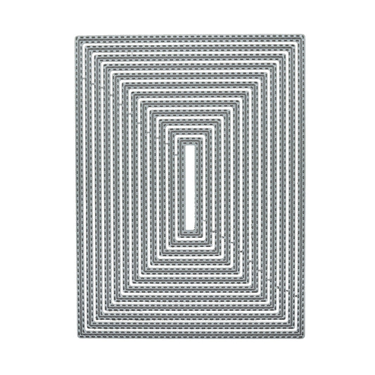 Set of twelve graduated rectangle double stitched metal cutting dies displayed on a white background
