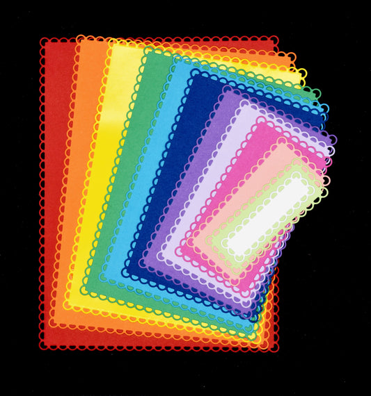 Rainbow layered rectangle scalloped nesting die cuts in graduated sizes for card making and paper craft projects