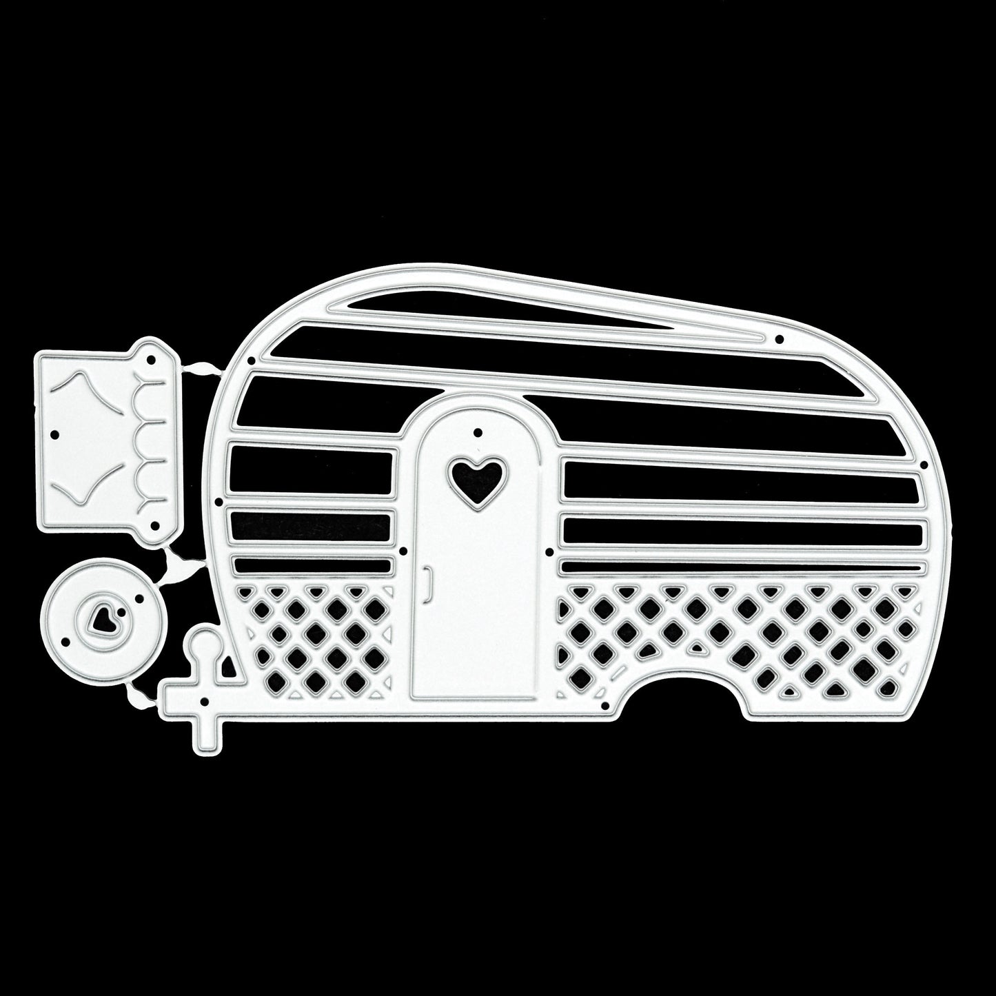Retro caravan metal cutting die set displayed on a black background