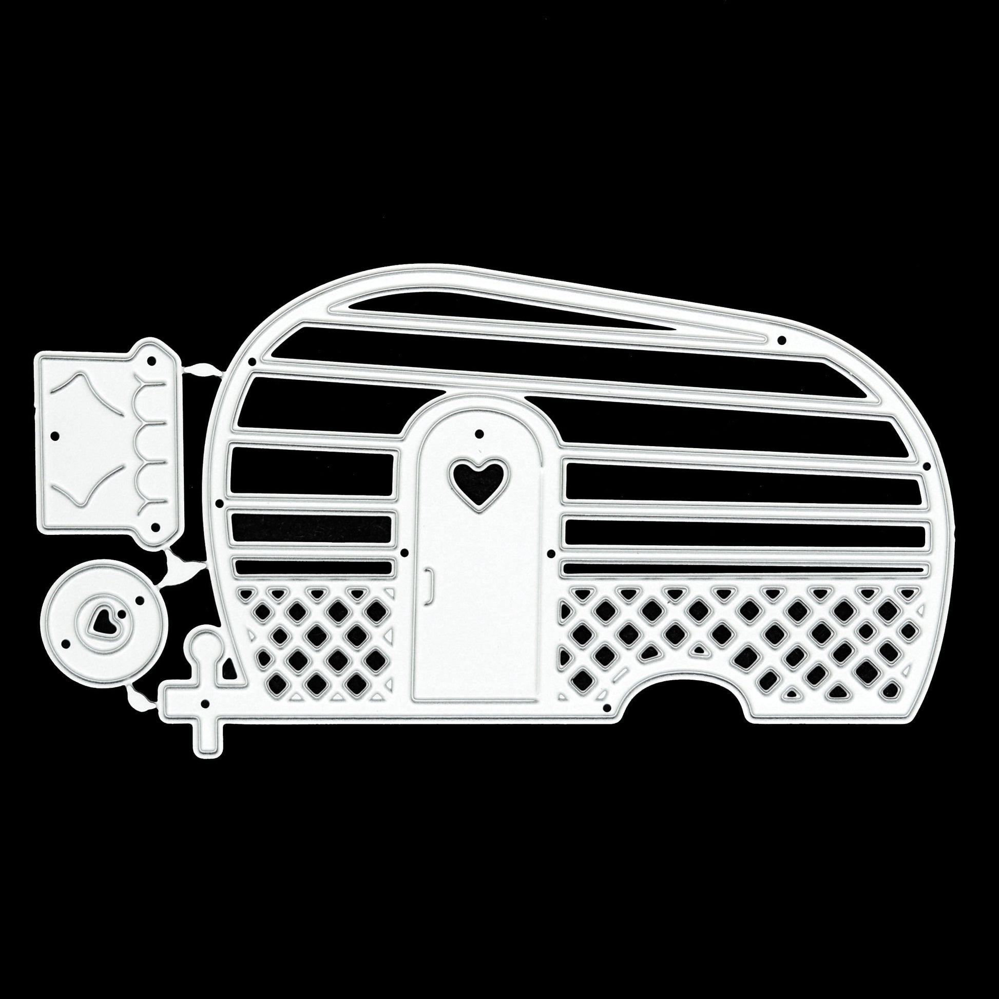 Retro caravan metal cutting die set displayed on a black background