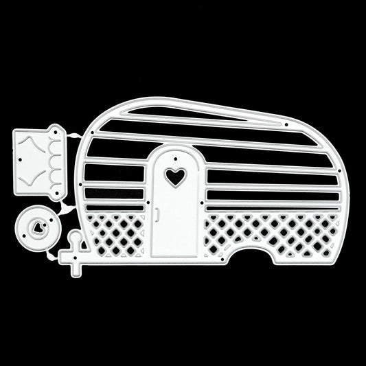 Retro caravan metal cutting die set displayed on a black background