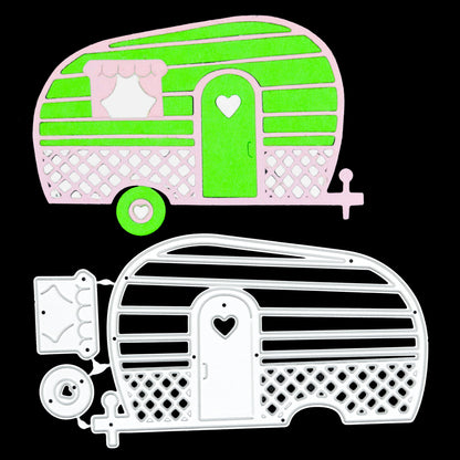 Finished retro caravan paper die cut displayed above the matching metal cutting die