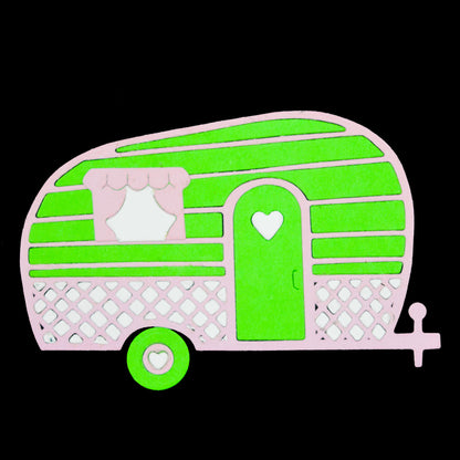 Finished retro caravan paper die cut created with a metal cutting die for card making