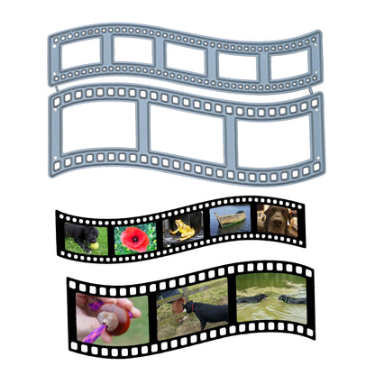 Two curved retro film strip metal cutting dies with finished black film frame die cuts and photo examples