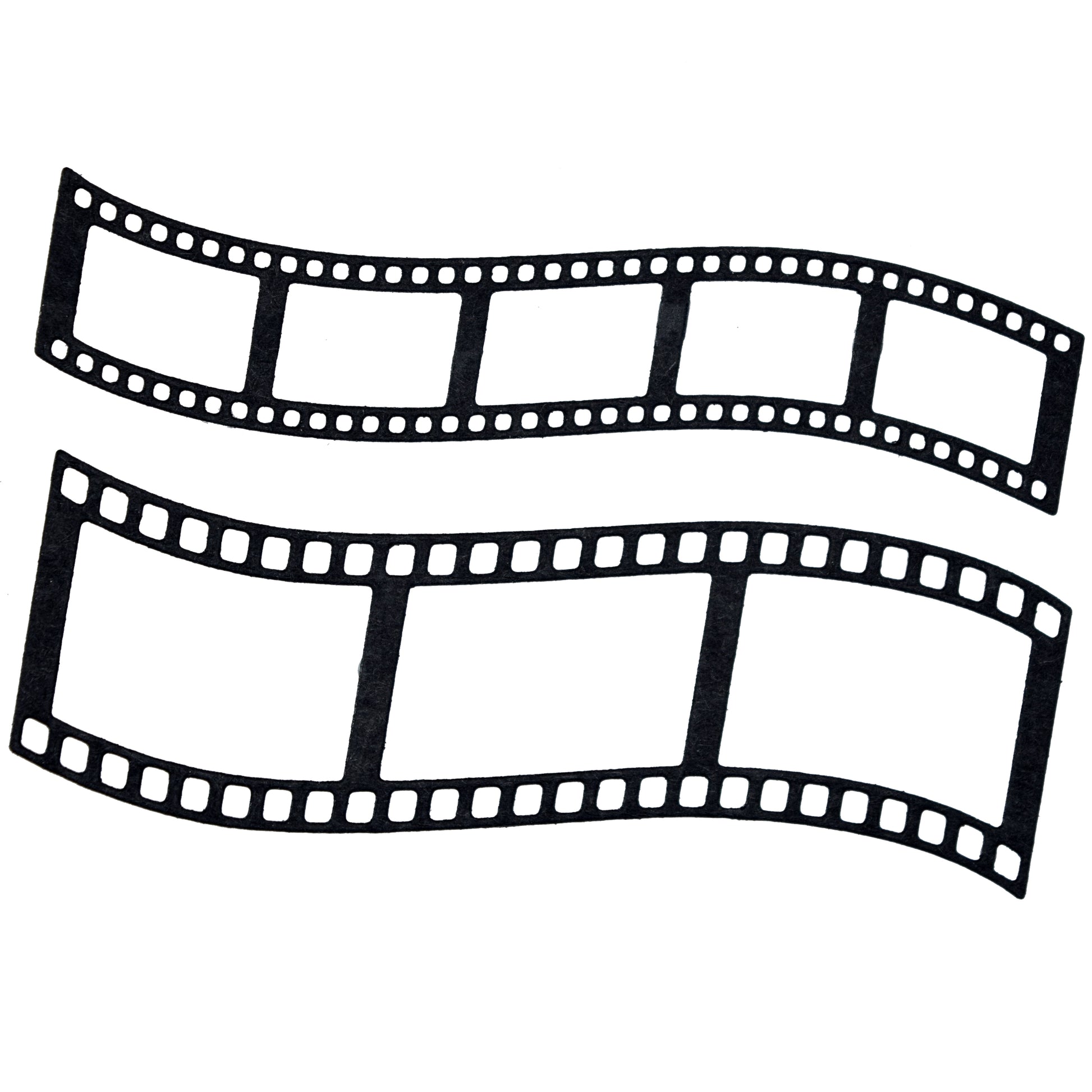 Finished black curved film strip die cuts with three-frame and five-frame camera film designs