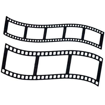 Finished black curved film strip die cuts with three-frame and five-frame camera film designs