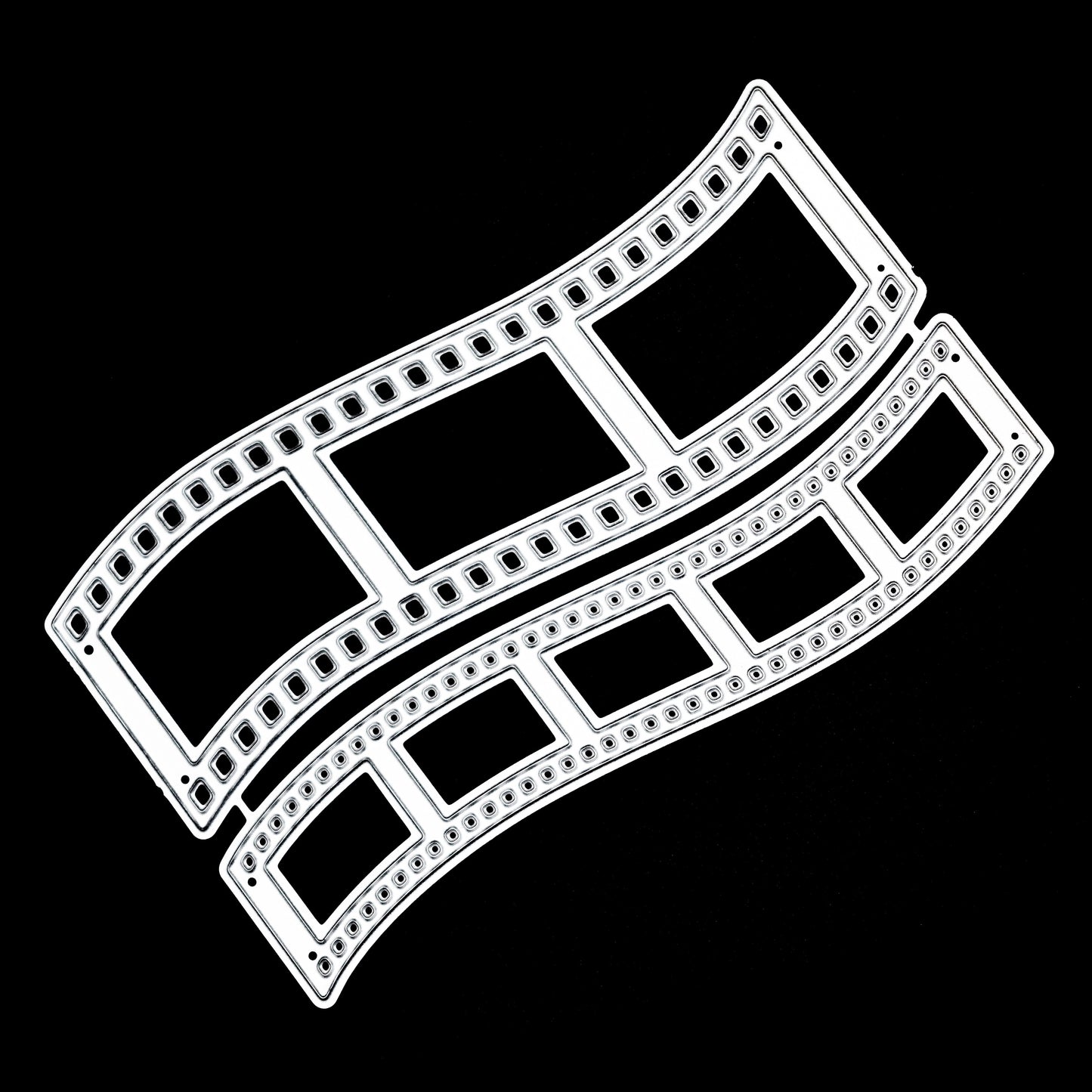 Two curved retro film strip metal cutting dies on a black background showing three-frame and five-frame designs