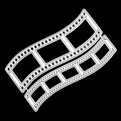 Two curved retro film strip metal cutting dies on a black background showing three-frame and five-frame designs
