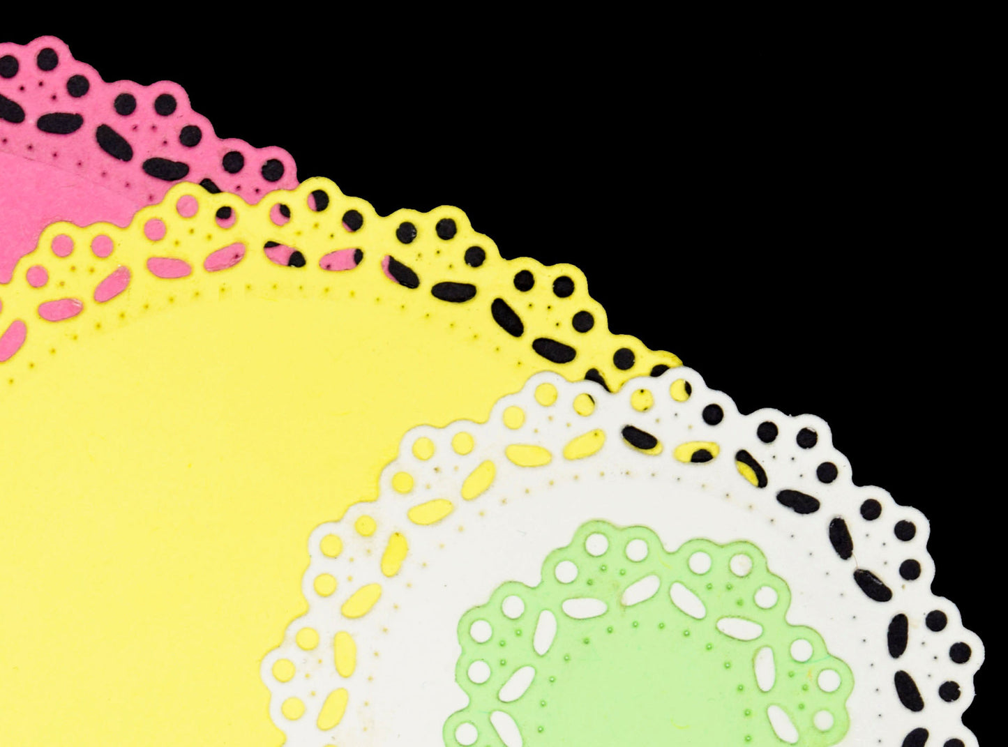 Close up of lace patterned edges on round nesting metal cutting dies