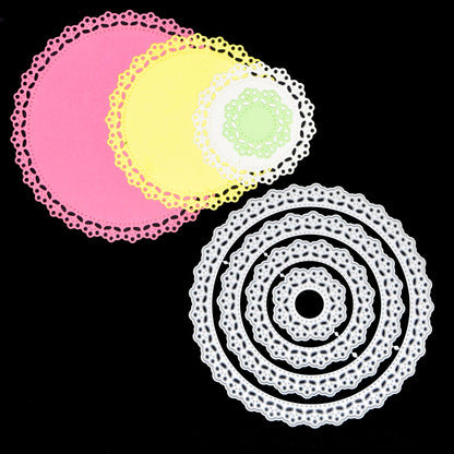 Round lace nesting dies with finished layered paper cut examples in different sizes