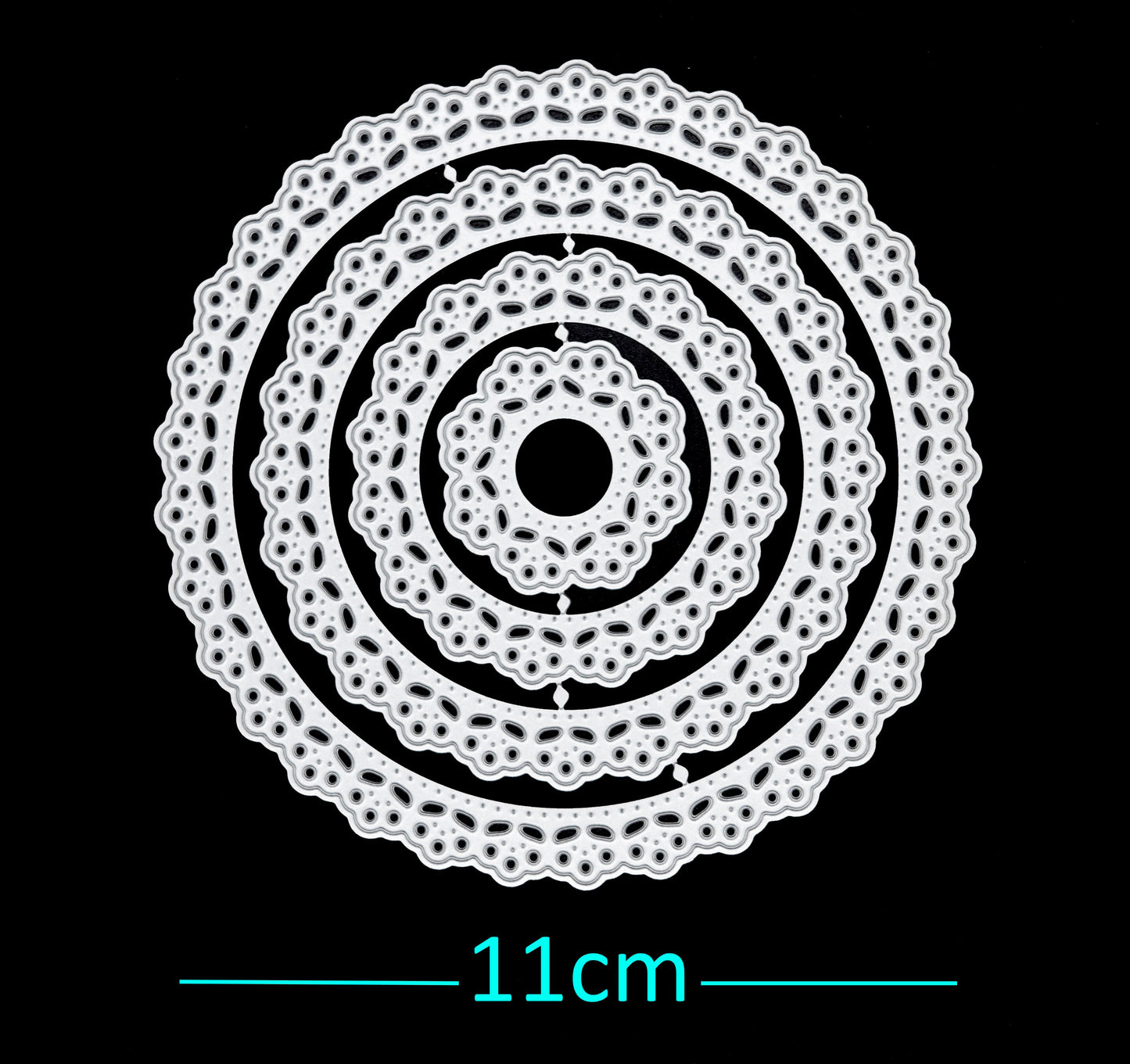 Round lace patterned nesting metal cutting dies set on black background