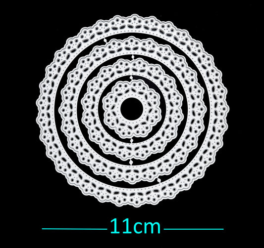 Round lace patterned nesting metal cutting dies set on black background