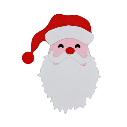 Assembled Father Christmas cardstock topper with a red hat, pink face and white beard, made using Santa face metal cutting dies.
