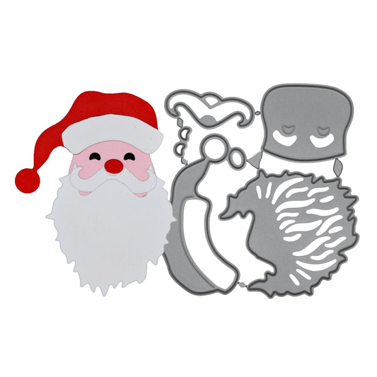 Santa face metal cutting dies beside an assembled red and white Father Christmas topper on a white background for card making.