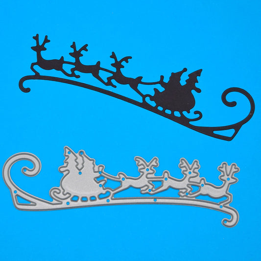Father Christmas sleigh and reindeer metal cutting die with finished die cut example for Christmas card making
