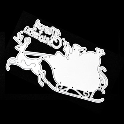 Santa sleigh, reindeer and Merry Christmas metal cutting dies on a black background for festive papercraft.