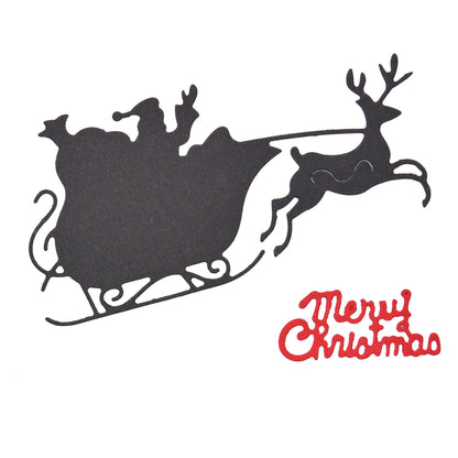 Black Santa sleigh and reindeer cut with red Merry Christmas lettering, made using metal cutting dies for card making.