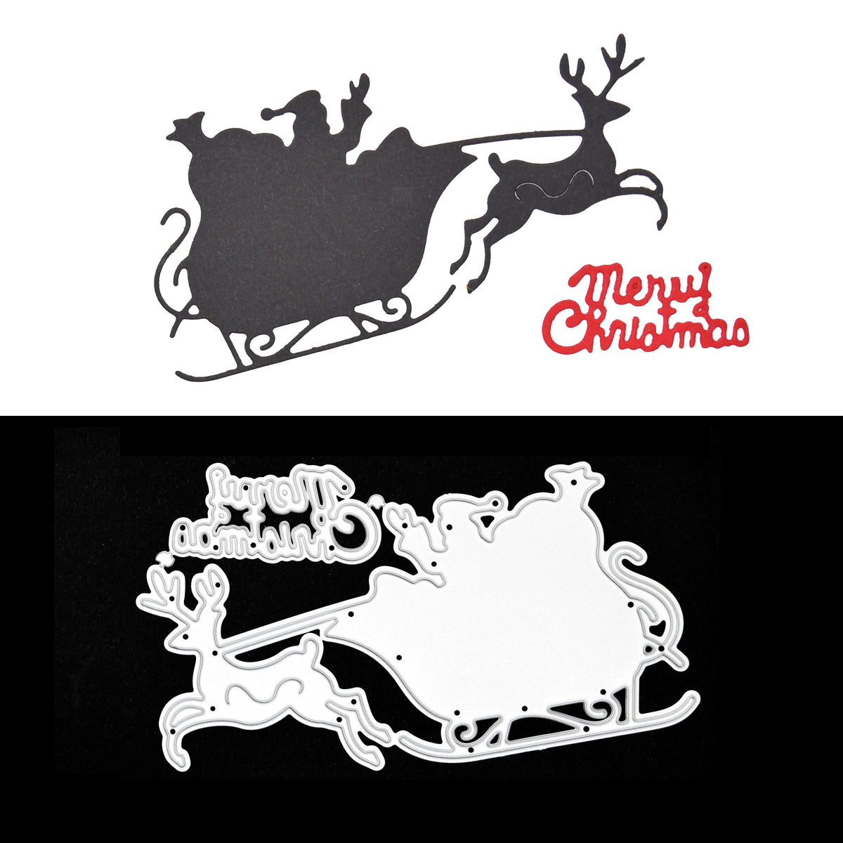 Santa sleigh and reindeer metal cutting dies shown with black and red cardstock examples for Christmas card making.