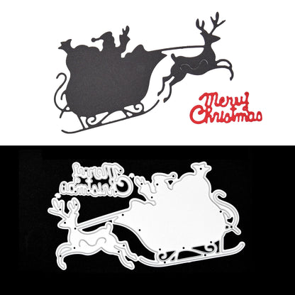 Santa sleigh and reindeer metal cutting dies shown with black and red cardstock examples for Christmas card making.