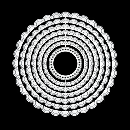 Scalloped circle nesting metal cutting die set displayed on black background