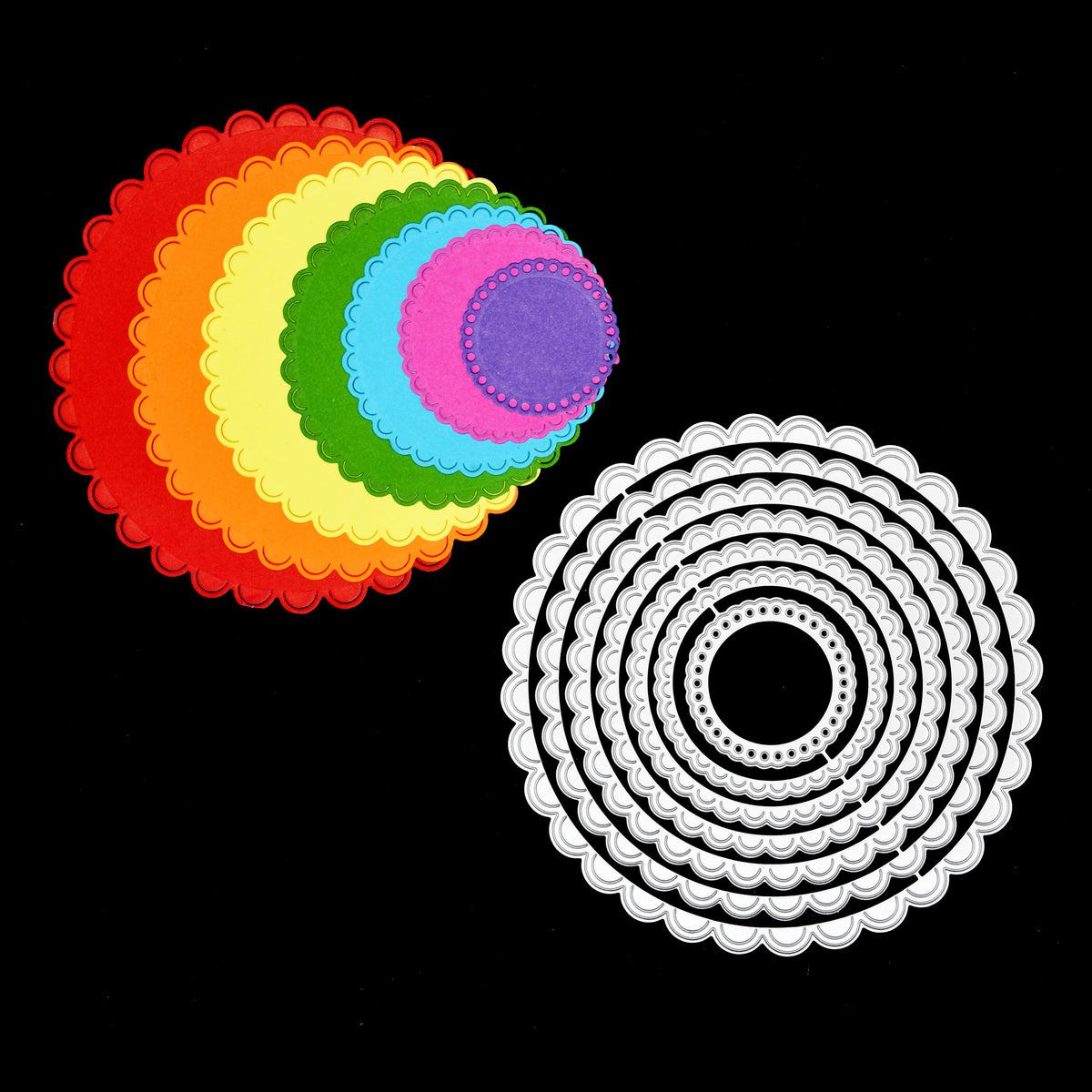 Finished scalloped circle die cut examples beside matching metal cutting dies