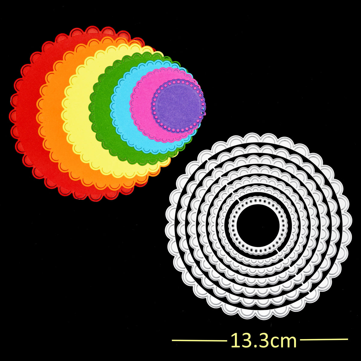 Large scalloped circle nesting metal cutting die set with colourful paper cut examples