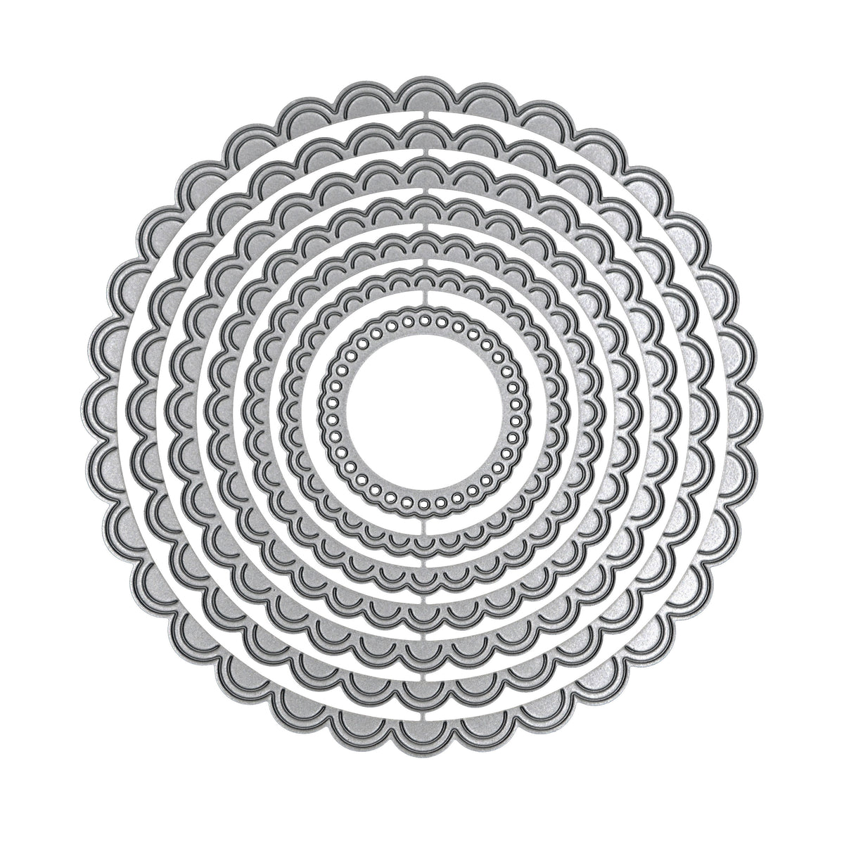 Scalloped circle nesting metal cutting dies isolated on white background for product display