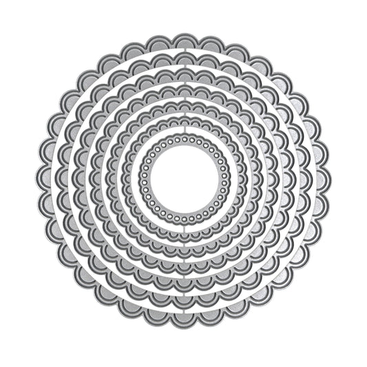 Scalloped circle nesting metal cutting dies isolated on white background for product display