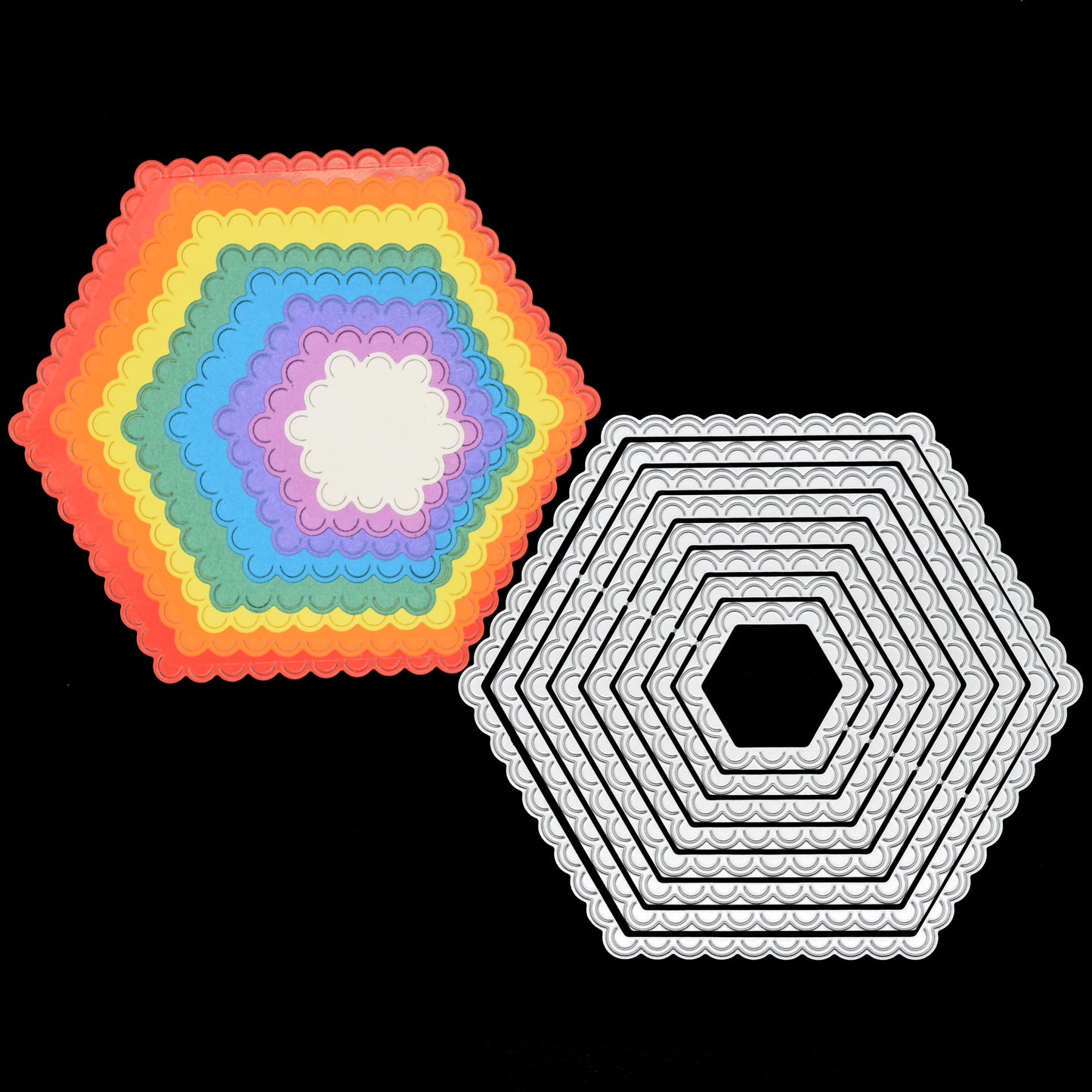 Scalloped hexagon metal cutting dies shown beside colourful graduated die-cut layers for card making and papercraft.