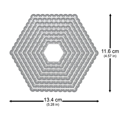 Scalloped hexagon nesting metal cutting dies with the largest die measuring approximately 13.4 cm wide by 11.6 cm high.